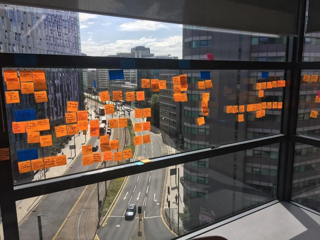 Event Storming session with sticky notes on an office window
